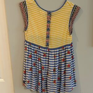 Matilda Jane Yellow & Blue Striped Floral Mixed-Print Cap Sleeve Top